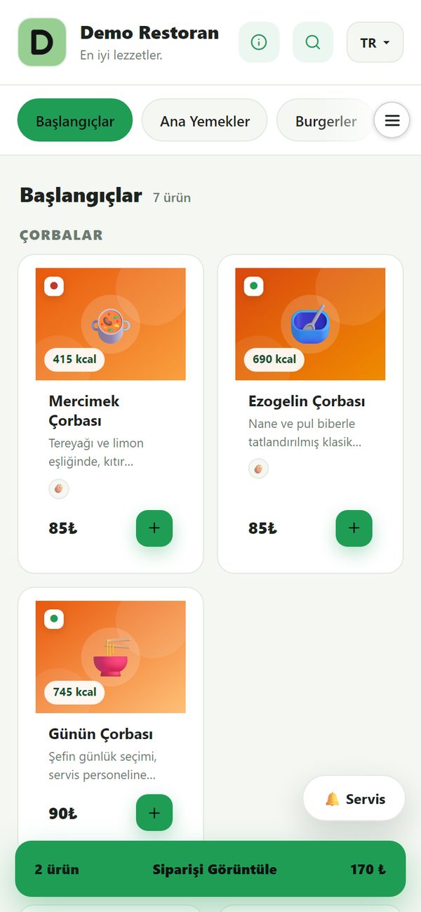 Demo menüde siparişe eklenmiş iki yemek