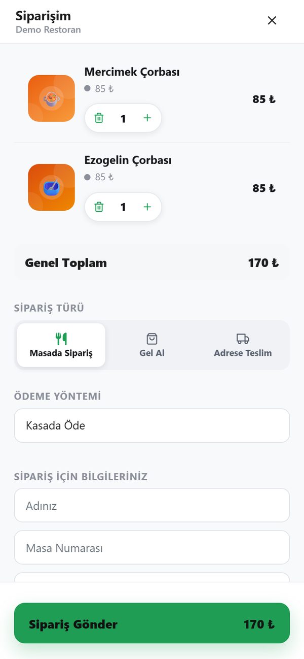 Masada, gel-al ve adrese teslim seçenekleriyle demo menünün sipariş ekranı